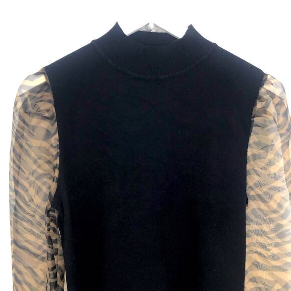 Sioni Milano Black Knit Semi Sheer Zebra Sleeve Pullover Mock Neck Sweater - Picture 2 of 12